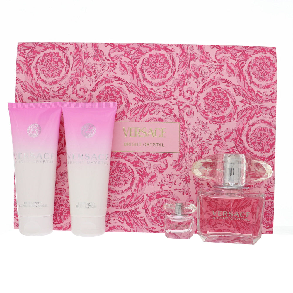 Versace Bright Crystal By Versace Perfume 4 Piece Gift Set - 3.0 Oz Eau De Toilette Spray, 0.17 Oz Eau De Toilette Splash, 3.4 Oz Body Lotion, 3.4 Oz Bath & Shower Gel For Women - Gift Set