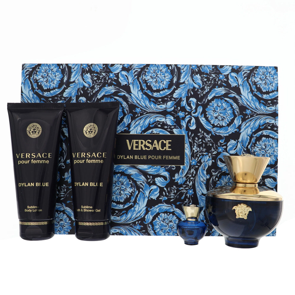 Versace Dylan Blue By Versace Perfume 4 Piece Gift Set - 3.4 Oz Eau De Parfum Spray, 0.17 Oz Eau De Parfum Splash, 3.4 Oz Body Lotion, 3.4 Oz Bath & Shower Gel For Women - Gift Set