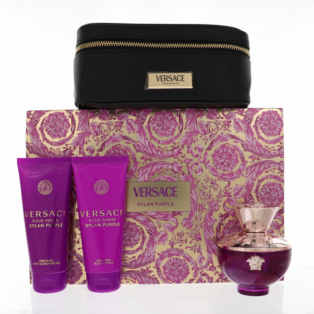 Versace Dylan Purple By Versace Perfume 4 Piece Gift Set - 3.4 Oz Eau De Parfum Spray, 3.4 Oz Bath & Shower Gel, 3.4 Oz Body Lotion,  Small Beauty Case For Women - Gift Set