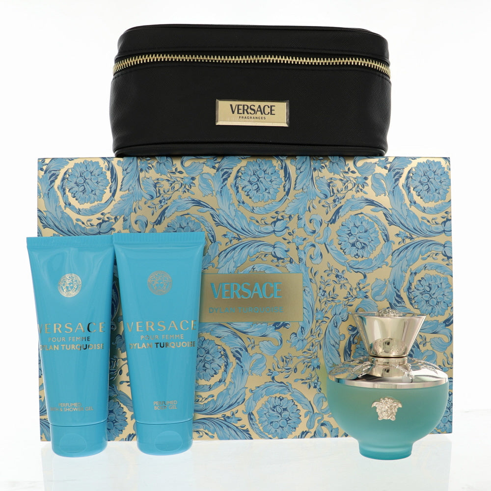 Dylan Turquoise By Versace 4 Piece Gift Set - 3.4 Oz Eau De Toilette Spray, 3.4 Oz Bath & Shower Gel, 3.4 Oz Body Gel,  Small Beauty Case For Women In Gift Set