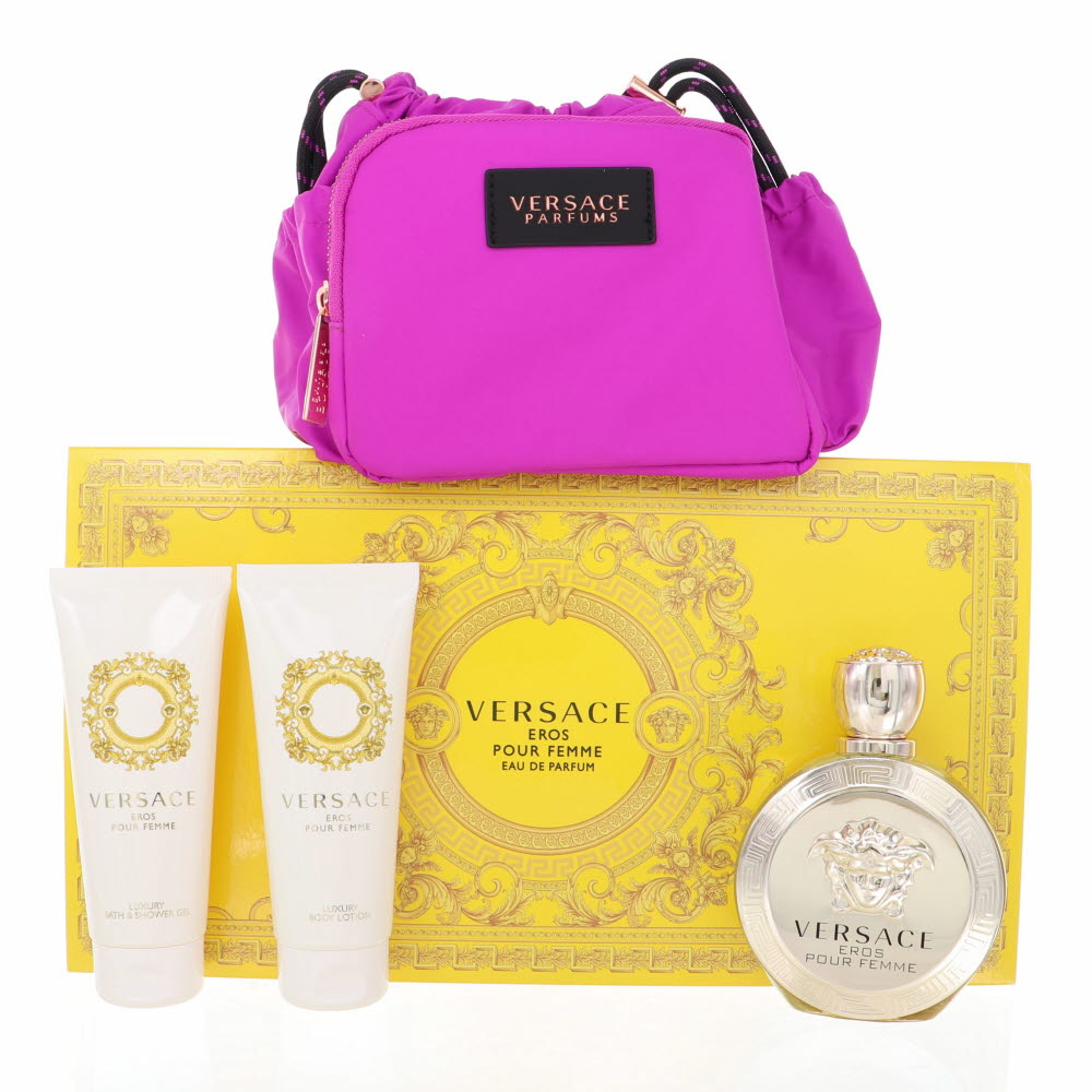 Versace Eros Pour Femme By Versace Perfume 4 Piece Gift Set - 3.4 Oz Eau De Parfum Spray, 3.4 Oz Bath & Shower Gel, 3.4 Oz Body Lotion,  Versace Soft Make Up Case For Women - Gift Set