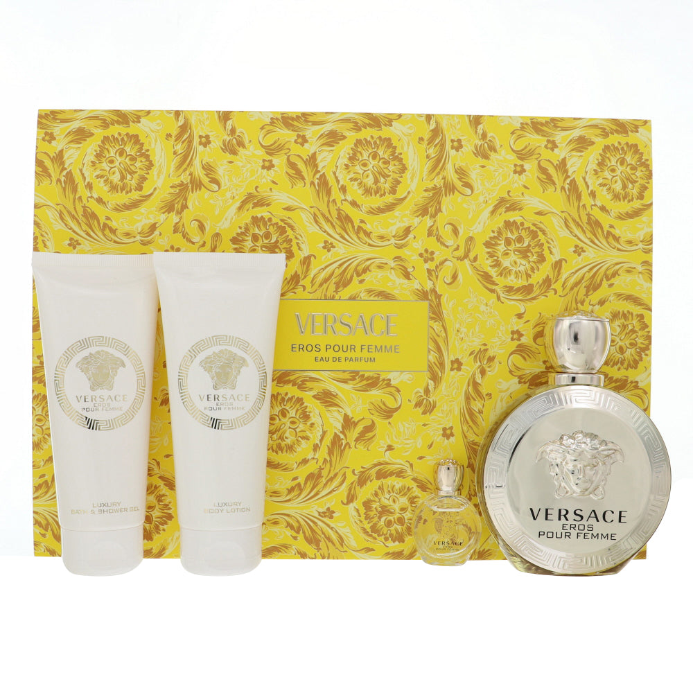 Versace Eros Pour Femme By Versace Perfume 4 Piece Gift Set - 3.4 Oz Eau De Parfum Spray, 0.17 Oz Eau De Parfum Spray, 3.4 Oz Bath & Shower Gel, 3.4 Oz Body Lotion For Women - Gift Set