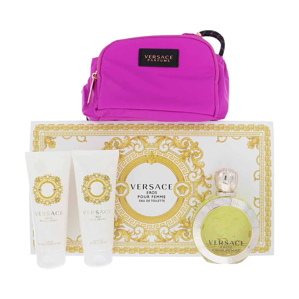 Versace Eros Pour Femme By Versace Perfume 4 Piece Gift Set - 3.4 Oz Eau De Toilette Spray, 3.4 Oz Bath & Shower Gel, 3.4 Oz Body Lotion,  Soft Make Up Case For Women - Gift Set