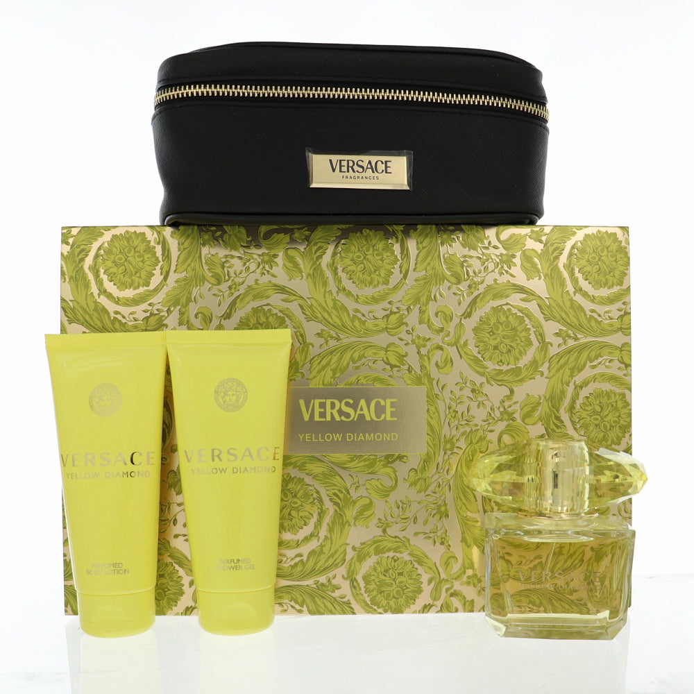 Yellow Diamond By Versace Perfume 4 Piece Gift Set - 3.0 Oz Eau De Toilette Spray, 3.4 Oz Body Lotion, 3.4 Oz Shower Gel,  Small Beauty Case For Women - Gift Set