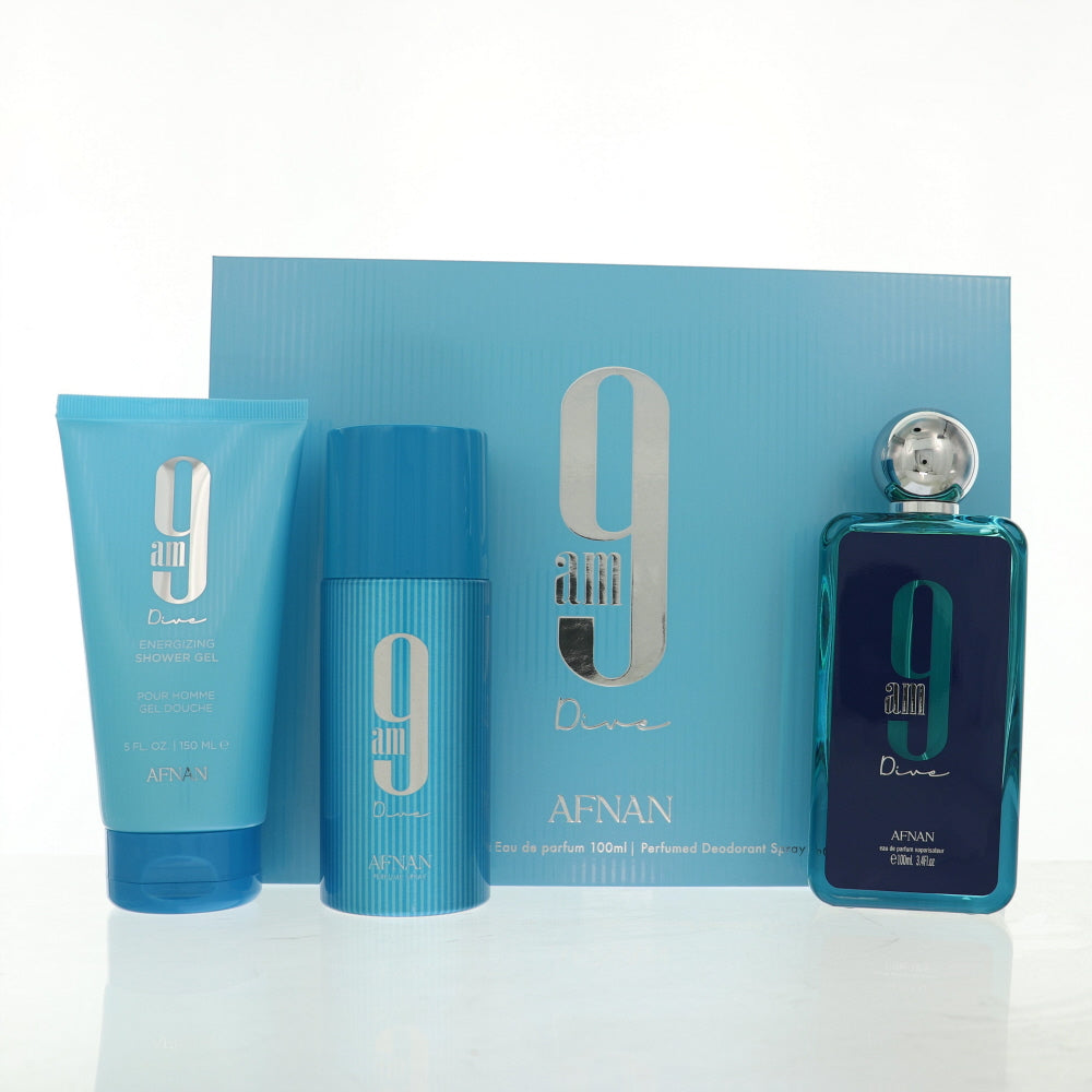 9 Am Dive By Afnan Cologne 3 Piece Gift Set - 3.4 Oz Eau De Parfum Spray, 5.0 Oz Shower Gel, 5.0 Oz Deodorant Spray For Men - Gift Set